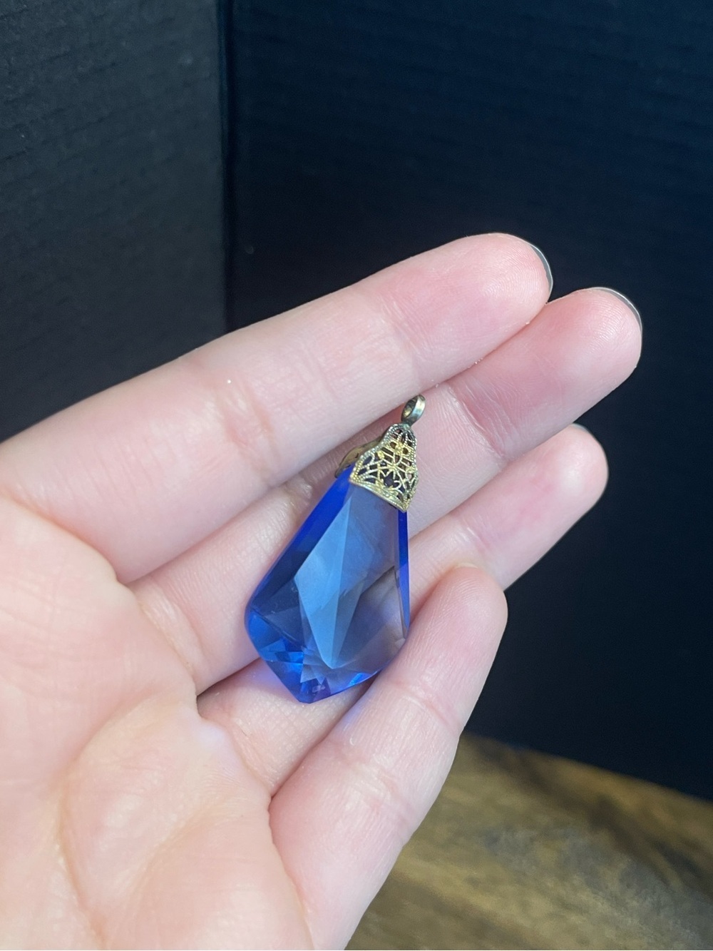 Vintage antique gold filled Czech blue glass pendant